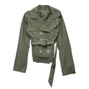 Y2K Cargo Utility Jacket Women's Size L Green Button Front Belted Grunge Fitted